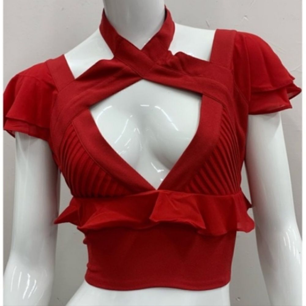 Nasty Gal Cropped Red Flutter Cut Out Short Sleeve Top Size XS